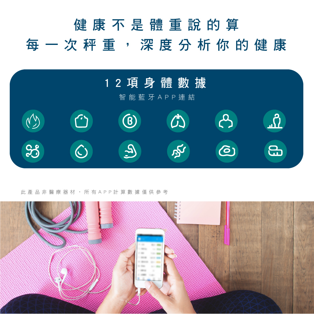 健康不是體重說的算每一次秤重,深度分析你的健康12項身體數據智能藍牙APP連結此產品非醫療器材,所有APP計算數據僅供參考