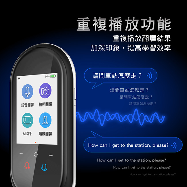 重複播放功能重複播放翻譯結果加深印象提高學習效率9%請問車站怎麼走?請問車站怎麼走?請問車站怎麼走?請問車站怎麼走?語音翻譯 拍照翻譯0A助手離線翻譯How can  get to the station, please? How can  get to the station, please?How can I get to the station, please?How can I get to the station, please?