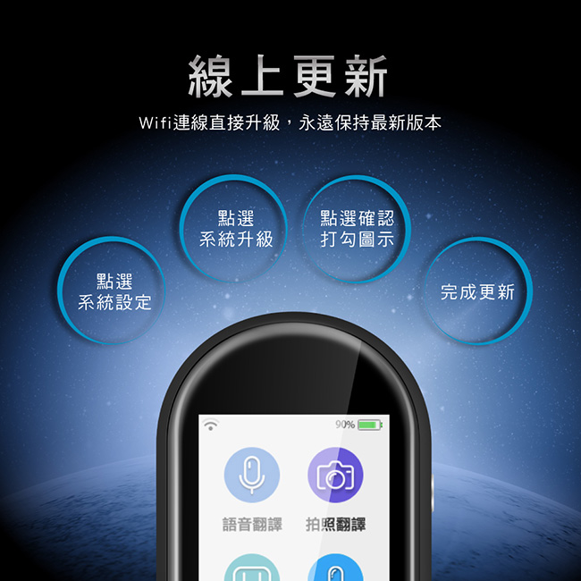 線上更新Wifi連線直接升級,永遠保持最新版本點選系統升級點選確認打勾圖示點選完成更新系統設定90%語音翻譯拍照翻譯C
