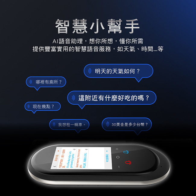 智慧小幫手AI語音助理想你所想,懂你所需提供豐富實用的智慧語音務,如天氣、時間明天的天氣如何? 哪裡有廁所?這附近有什麼好吃的嗎?現幾點?想租一輛車。30美金是多少台幣?今天天气服,我在